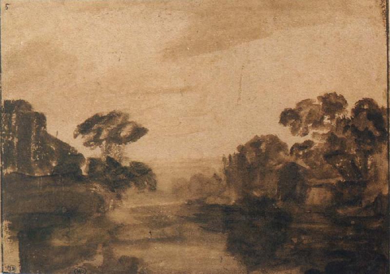REMBRANDT Harmenszoon van Rijn River with Trees on its Embankment at Dusk oil painting picture